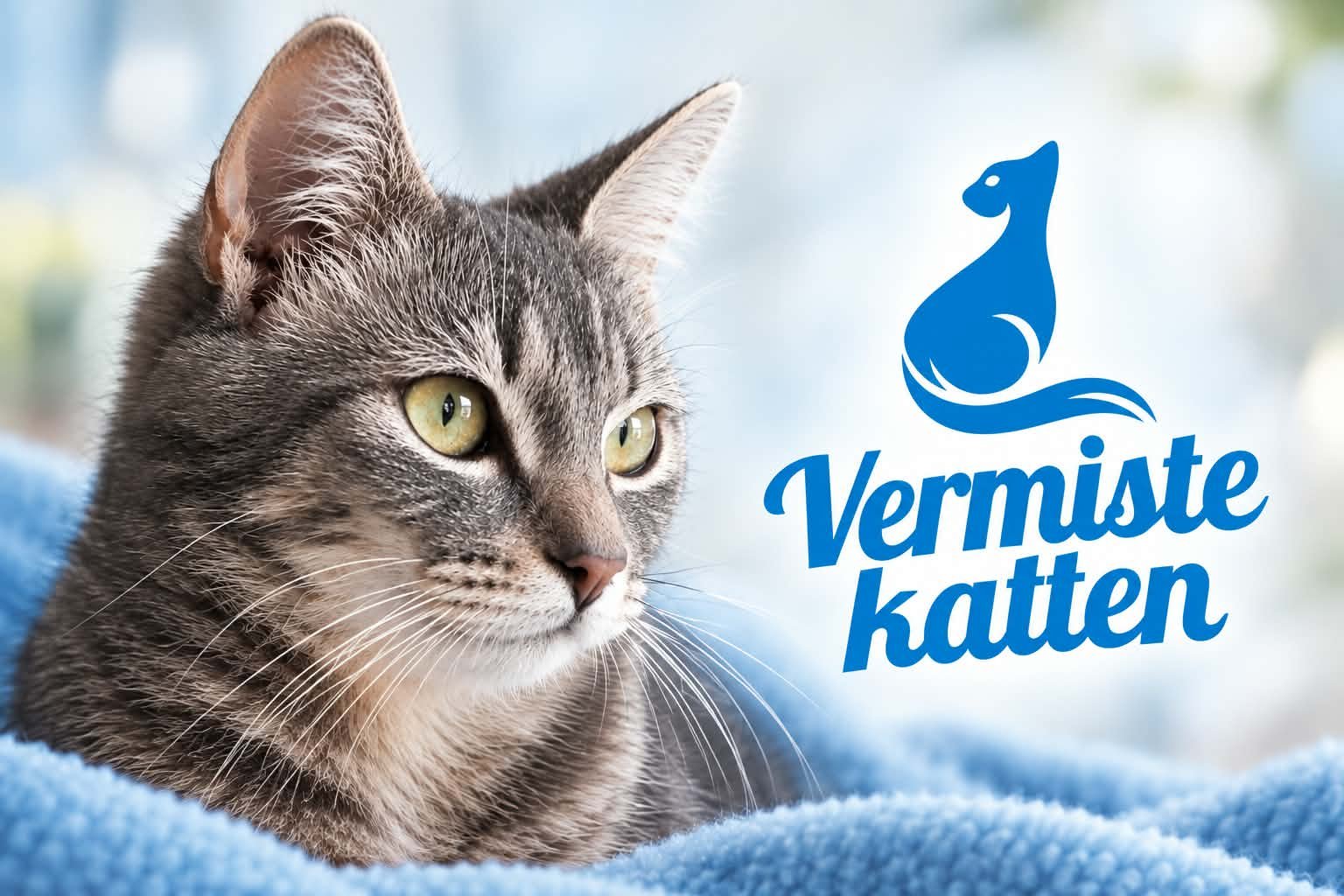 Grijze cyperse kat op een blauwe deken naast het logo van Vermiste Katten